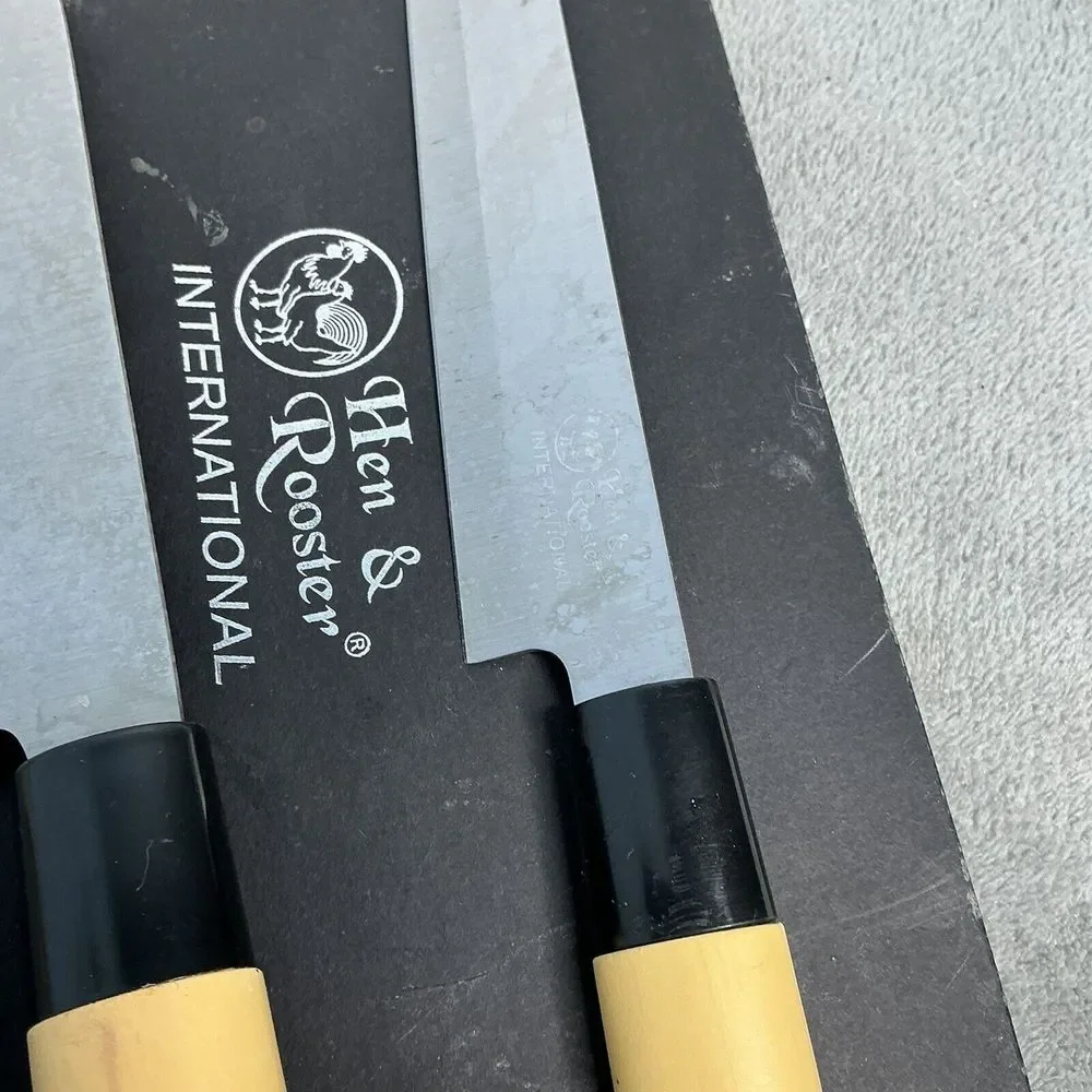 Hen & Rooster Three Piece Kitchen Knife Set 2pc Tan Wood Stainless K100‎